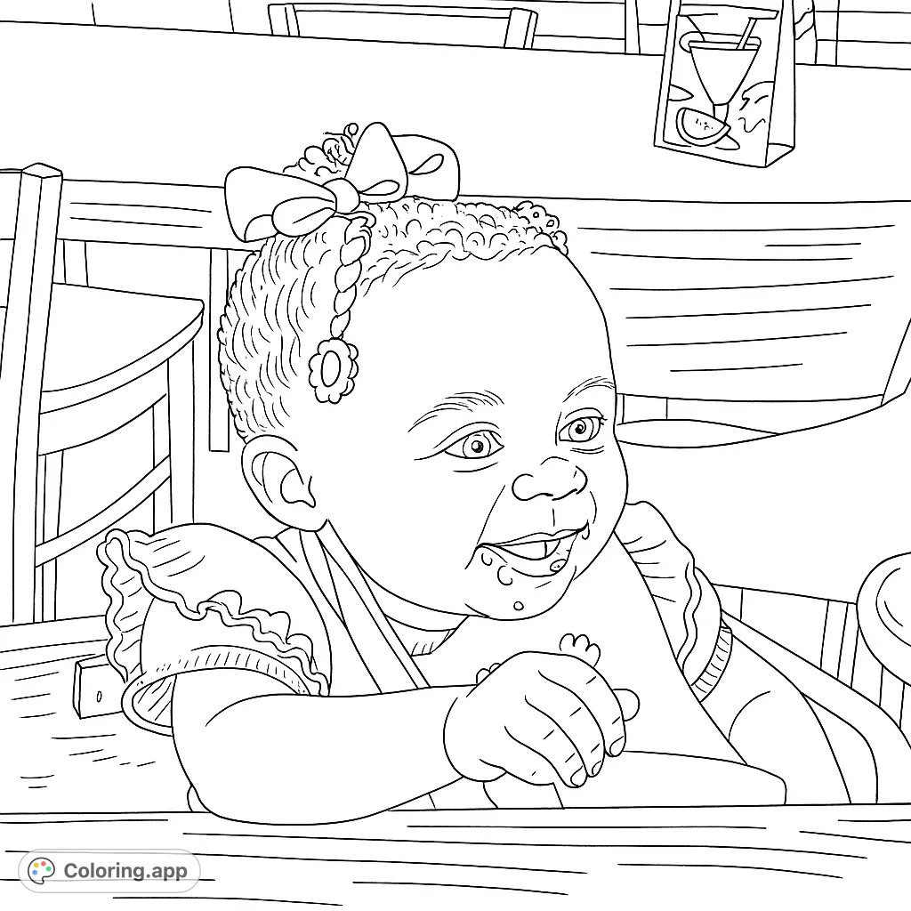 Capture the pure joy of a happy baby in a high chair, with a sweet smile and adorable details. A delightful free printable baby coloring page.