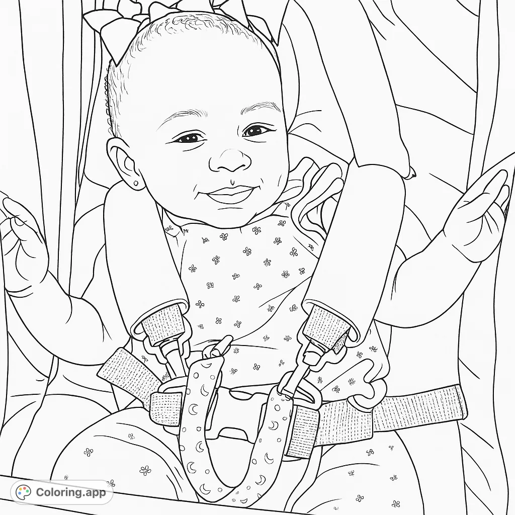 A delightful baby coloring page featuring a smiling infant with a bow, secured in a harness. A free printable coloring page for kids.