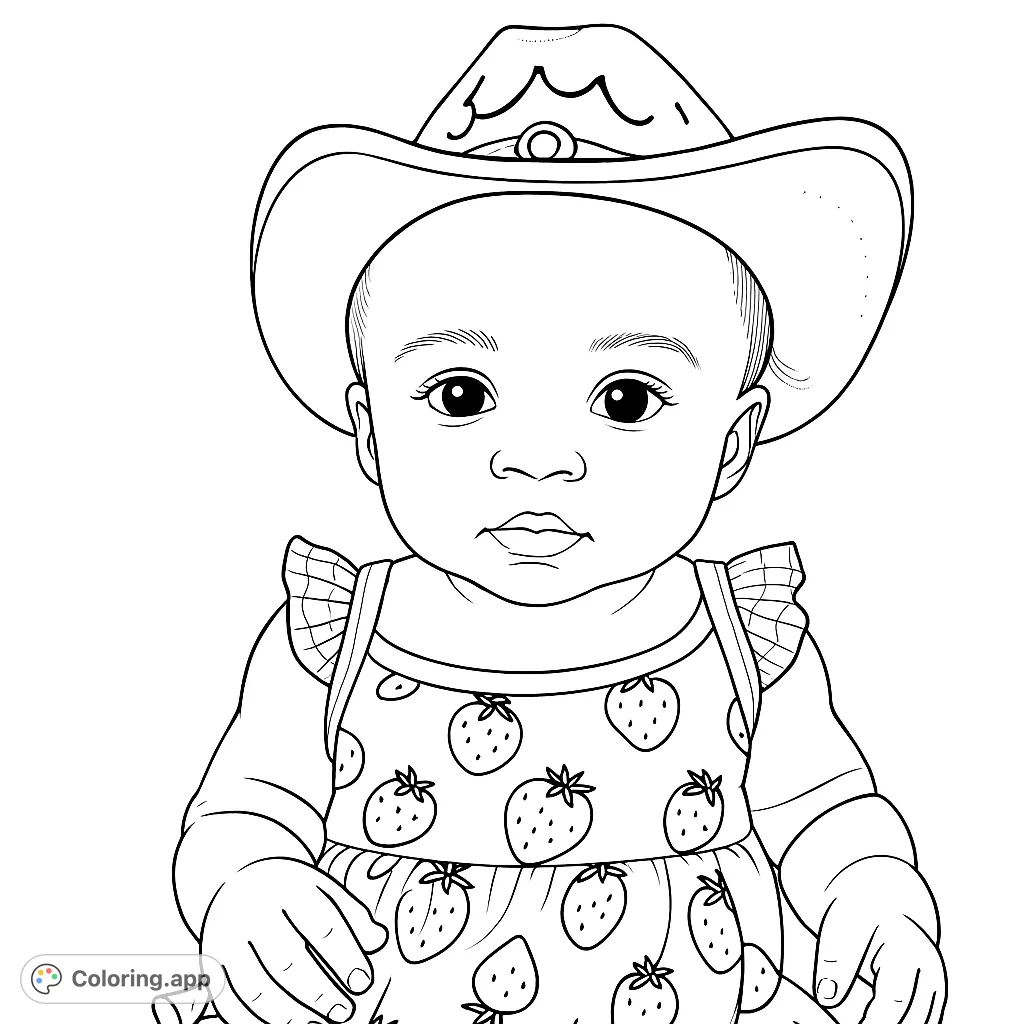 An adorable baby in a cowboy hat and strawberry dress, perfect for a charming and sweet coloring experience. Free printable baby coloring page.