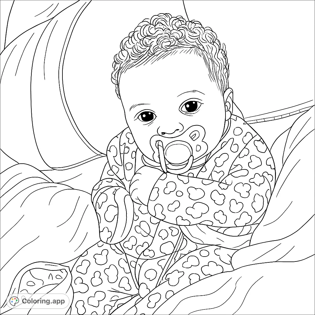 An adorable baby with curly hair and a pacifier, wearing patterned pajamas, nestled in soft blankets. A heartwarming baby coloring page.