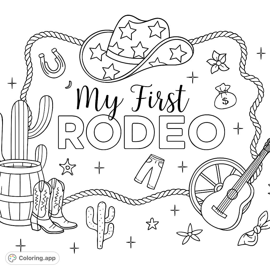A fun Western rodeo coloring page featuring cowboy hats, boots, cacti, and guitars, perfect for celebrating a special milestone with a rustic charm.