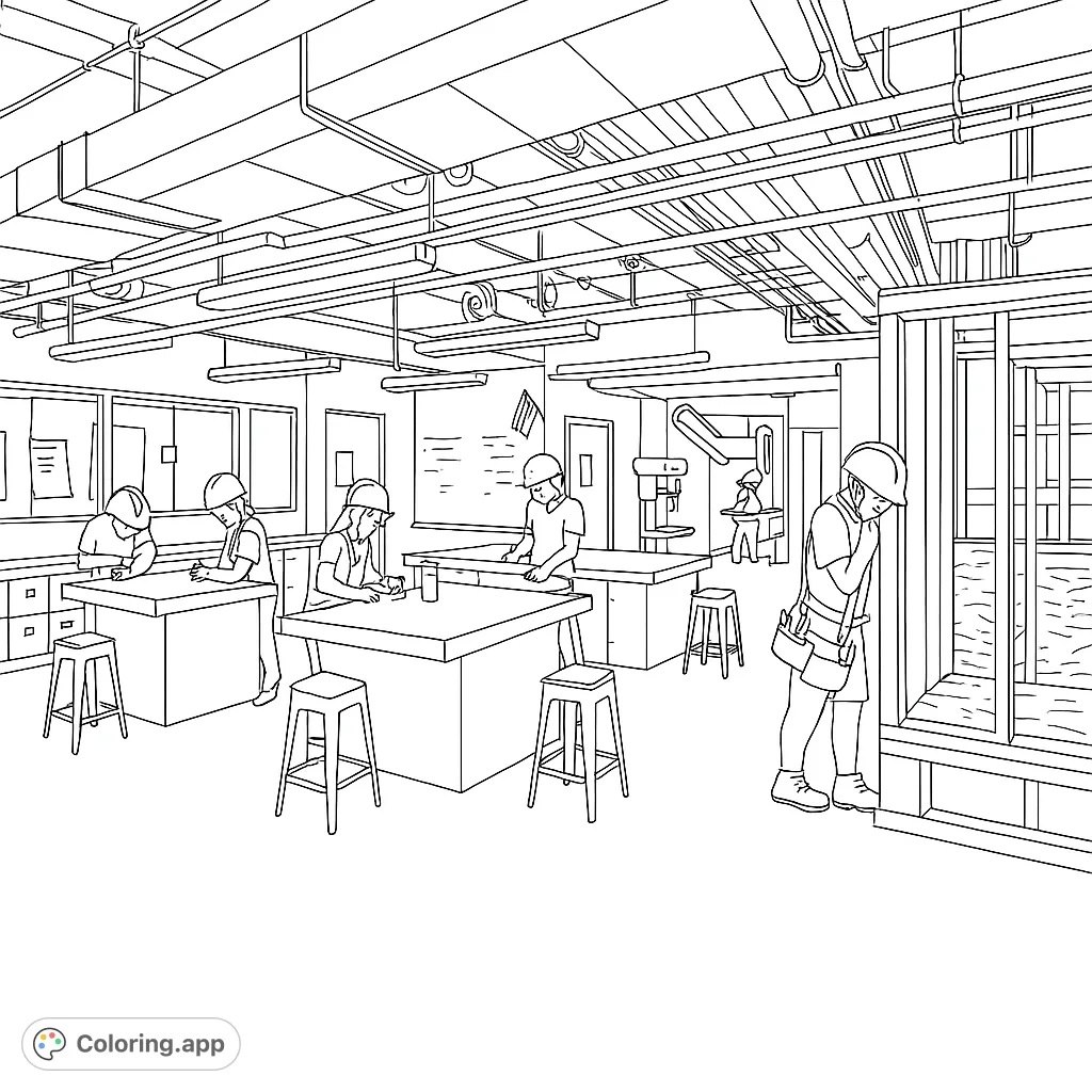 Explore a dynamic vocational workshop coloring page featuring students in hard hats engaged in hands-on projects, perfect for all ages.