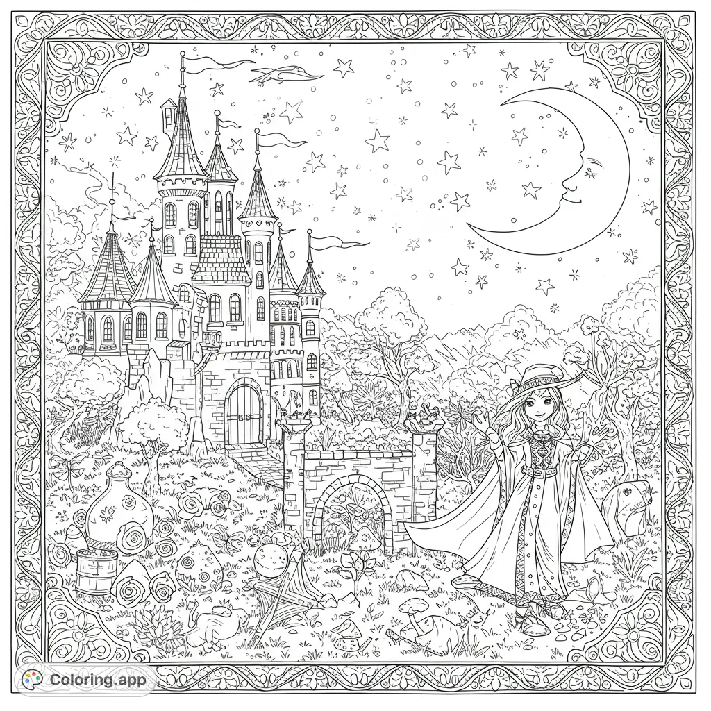 Explore an enchanting fantasy castle and magical garden with a young sorceress under a starry moonlit sky. A free printable coloring page.