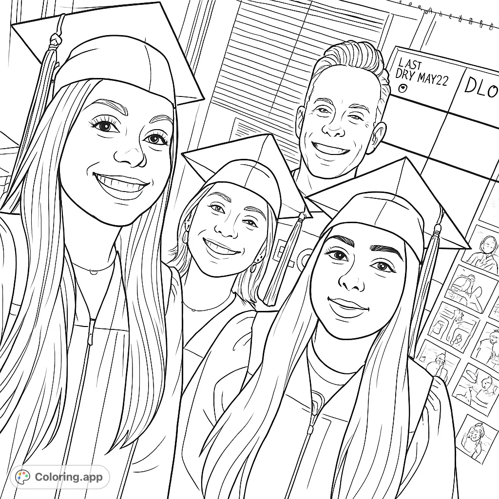 A joyful graduation day scene featuring four smiling graduates in caps and gowns, perfect for a free printable coloring page celebrating achievement.