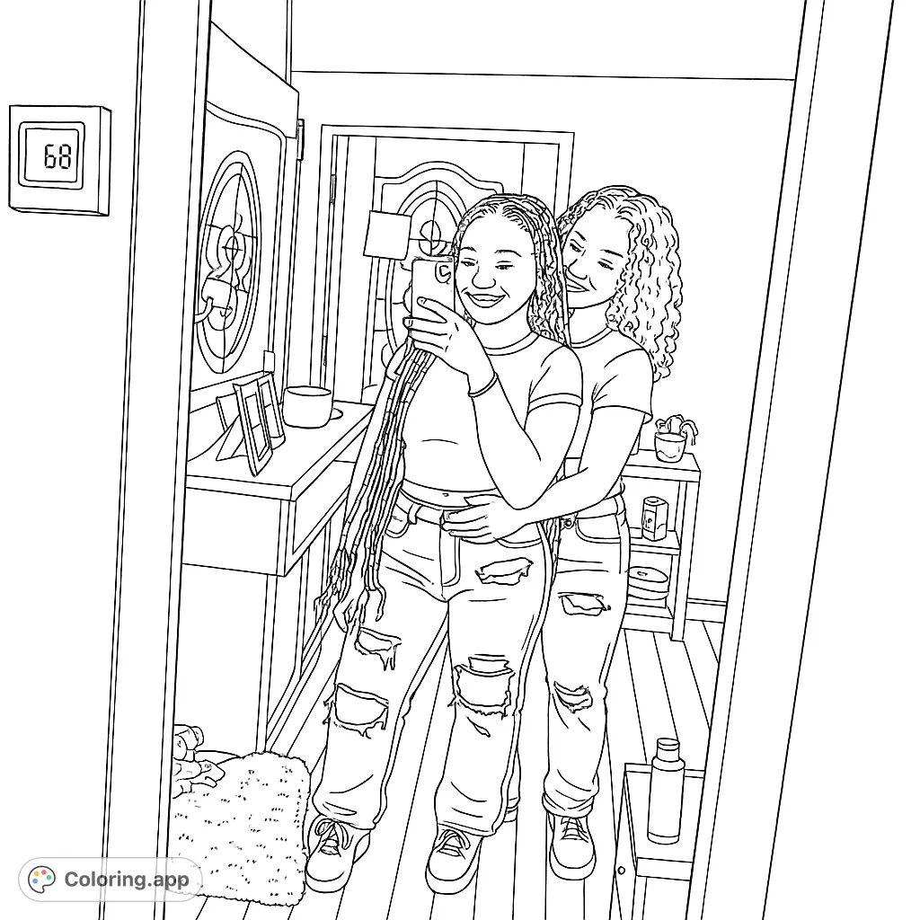 Two joyful friends capture a mirror selfie, embracing in a cozy home setting. A fun, free printable friendship coloring page for all ages.
