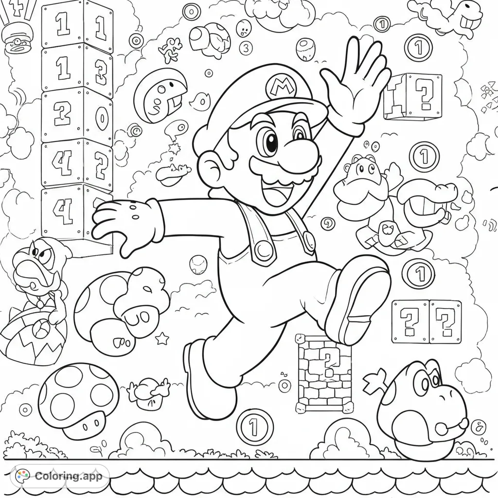 Jump into fun with this Super Mario coloring page! Featuring Mario, iconic characters, and classic game elements for an exciting adventure.