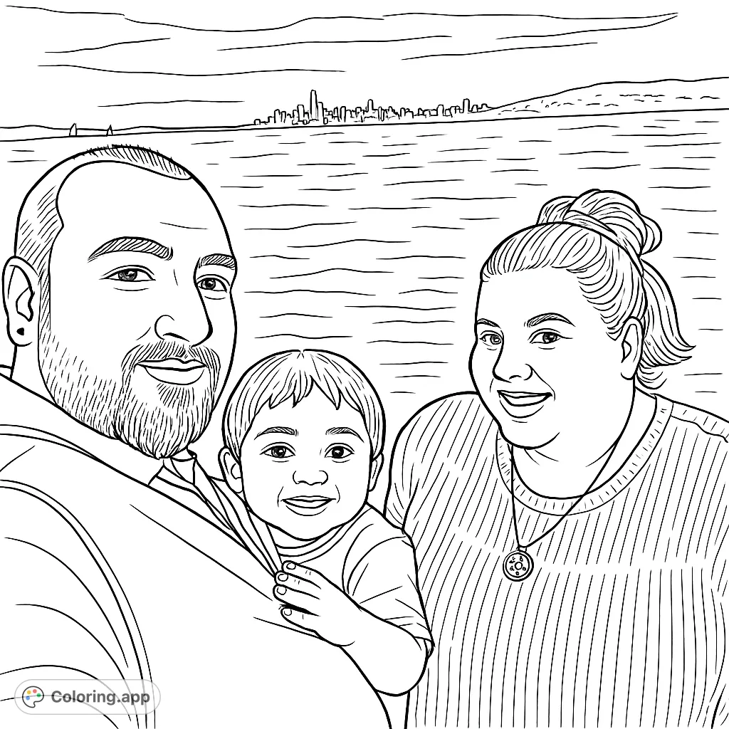 A heartwarming family portrait featuring a man, woman, and child smiling by the water, with a distant city skyline. A free printable family coloring page.