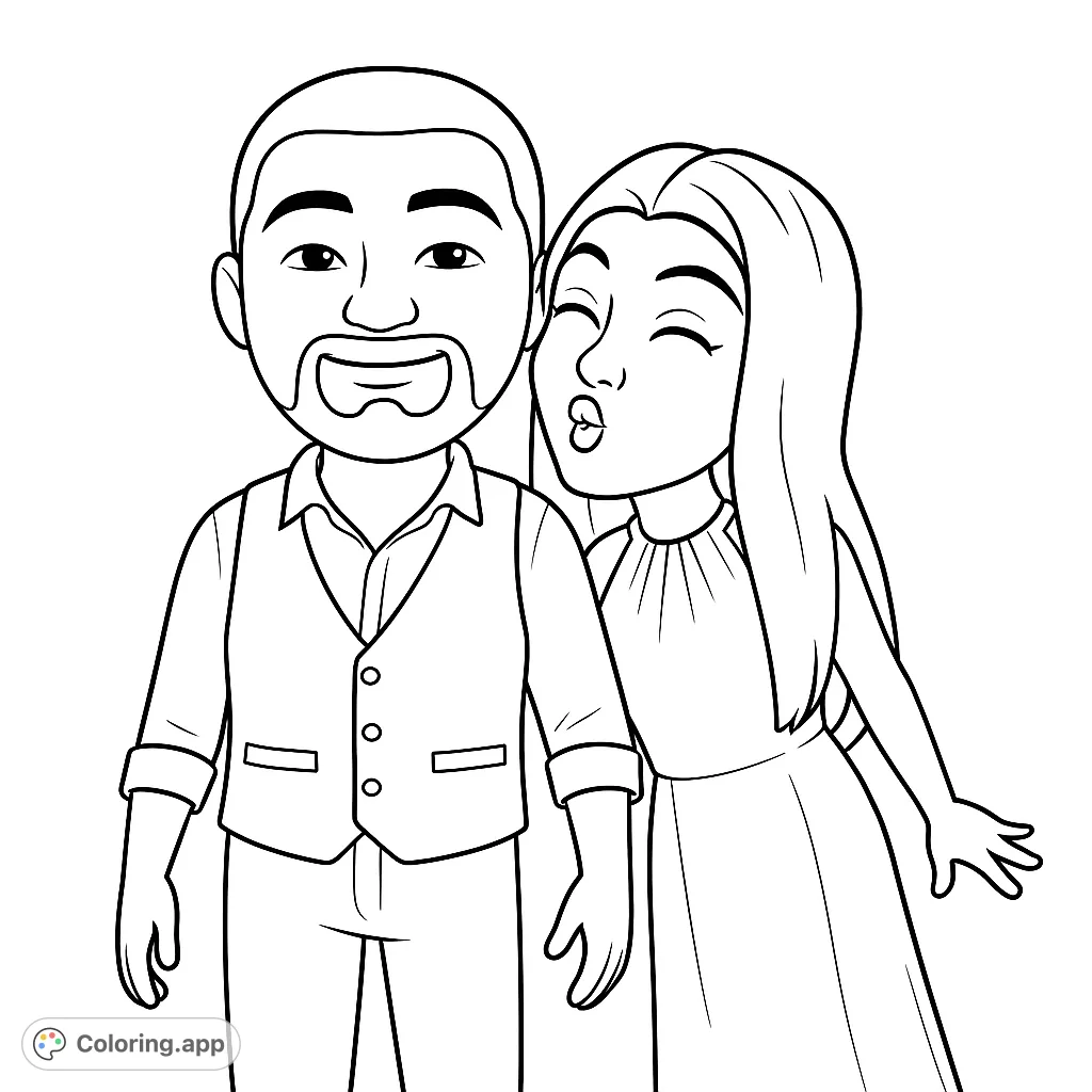 A charming couple coloring page featuring a man and woman in an affectionate pose, perfect for celebrating love and connection. Free printable for all ages!