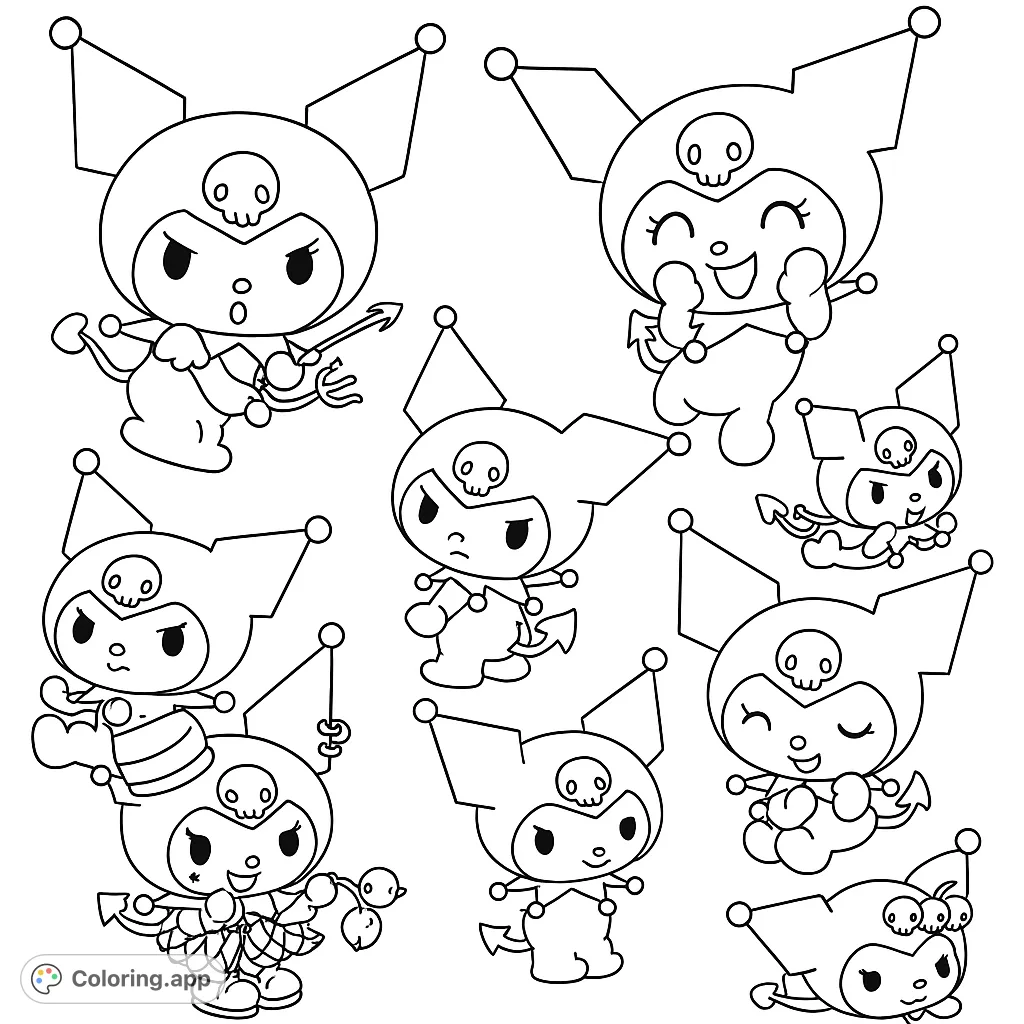 Explore nine adorable Kuromi poses and expressions in this free printable Kuromi coloring page, perfect for fans of all ages to personalize.