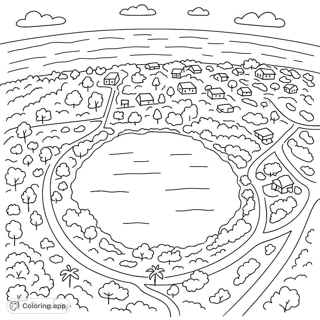 Explore a charming lakeside village from above, featuring a serene lake, winding roads, cozy houses, and lush trees. A delightful landscape for coloring.