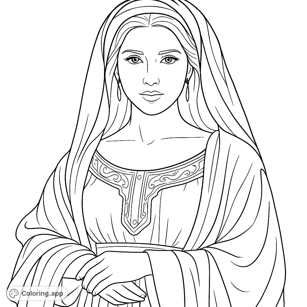 A beautiful historical portrait coloring page featuring a serene woman in an elegant, ornate gown. Perfect free printable coloring page for all ages.