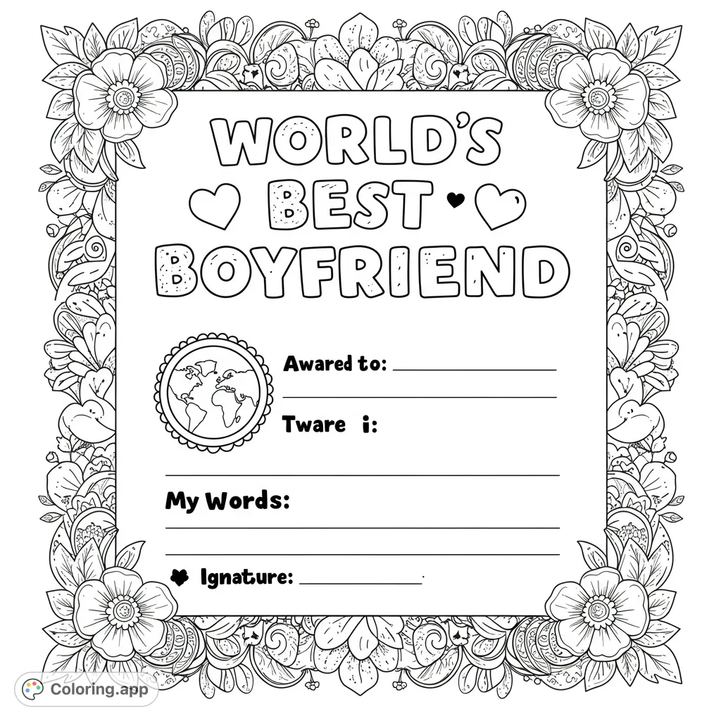 A customizable certificate template with a beautiful floral border, perfect for personal messages and awards. Free printable coloring page.