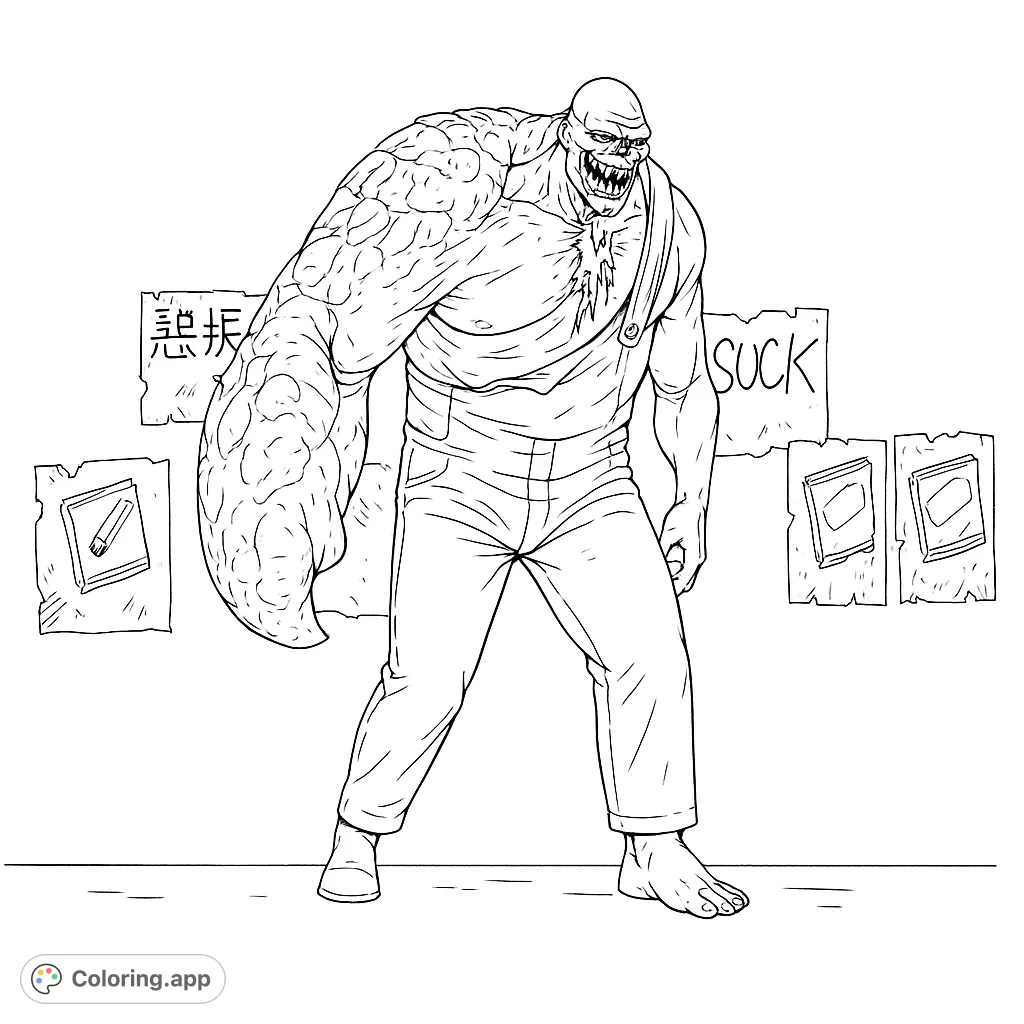 A menacing, muscular mutant monster with a grotesque large arm and sharp teeth, standing in tattered overalls, ready for a thrilling coloring adventure.