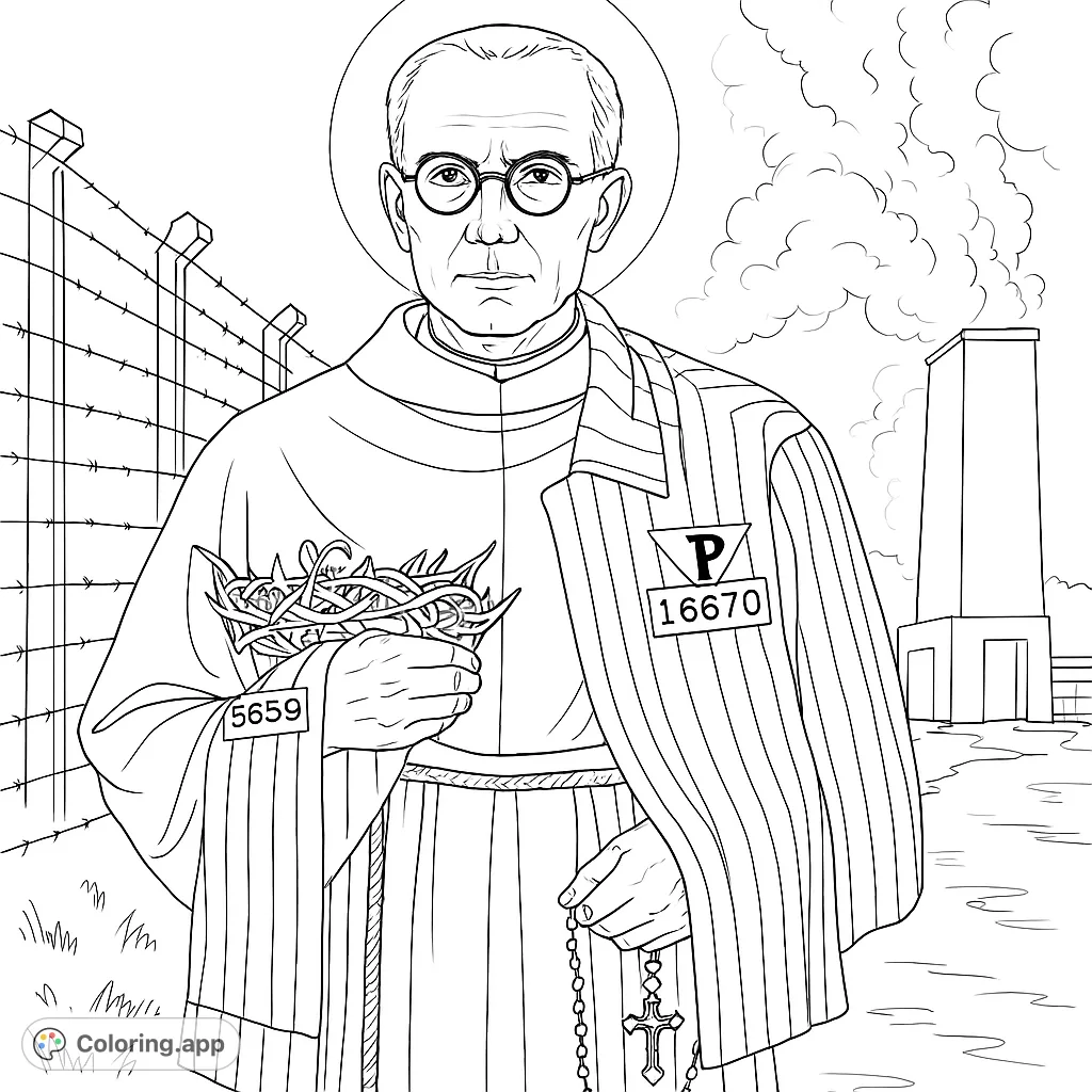 A solemn figure, half cleric, half prisoner, holding a crown of thorns and rosary, against a backdrop of barbed wire and a smokestack.