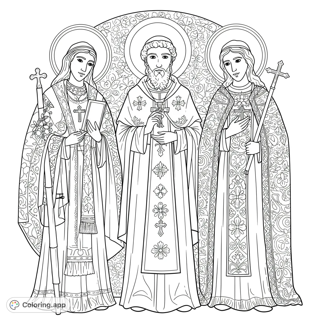 An intricate religious icon coloring page featuring three figures in ornate robes with halos and detailed patterns, perfect for spiritual reflection.