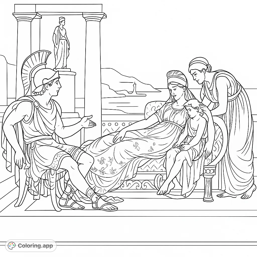 Explore an ancient Greek scene with figures in traditional attire, classical architecture, and a serene landscape. Perfect for detailed coloring.