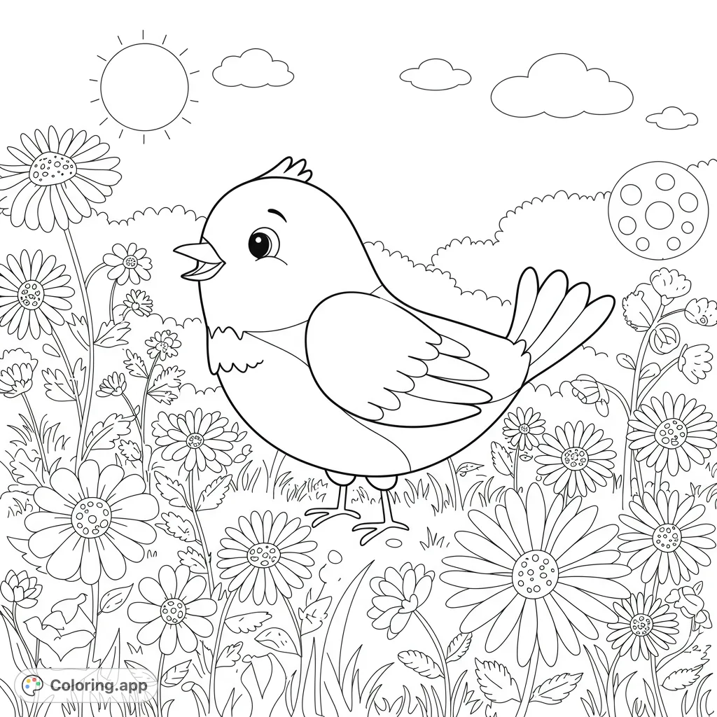 A delightful bird stands in a field of blooming flowers under a sunny sky. A charming free printable bird coloring page for kids and adults.