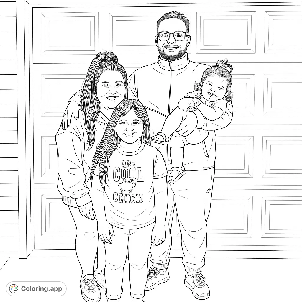 A heartwarming family portrait coloring page featuring two adults and two children smiling. Perfect for personalizing with vibrant colors.