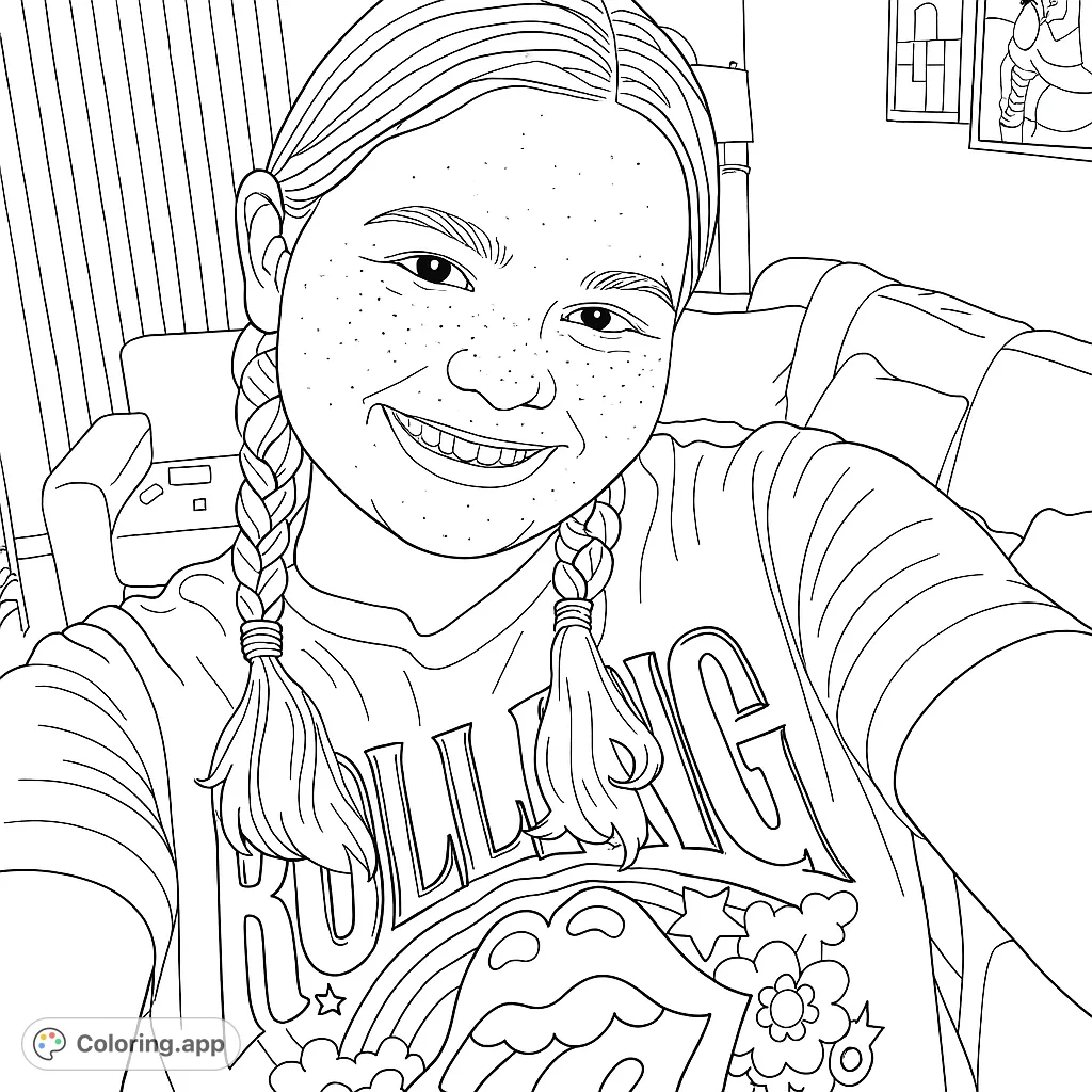 A cheerful girl with braided pigtails smiles in a selfie, wearing a cool graphic tee. A fun, free printable coloring page for kids and adults.