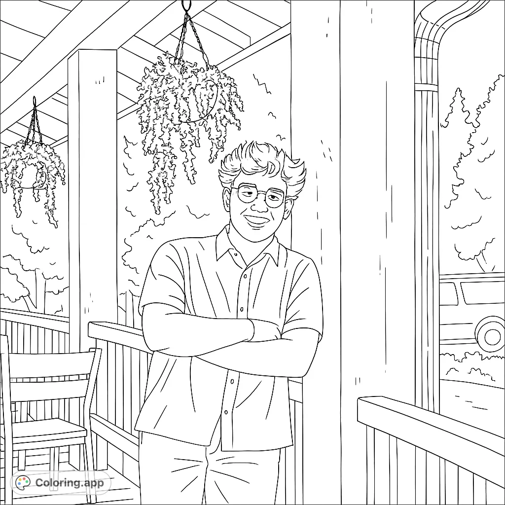 A friendly man with glasses smiles on a cozy porch, surrounded by hanging plants and a railing. A perfect free printable coloring page for relaxation.