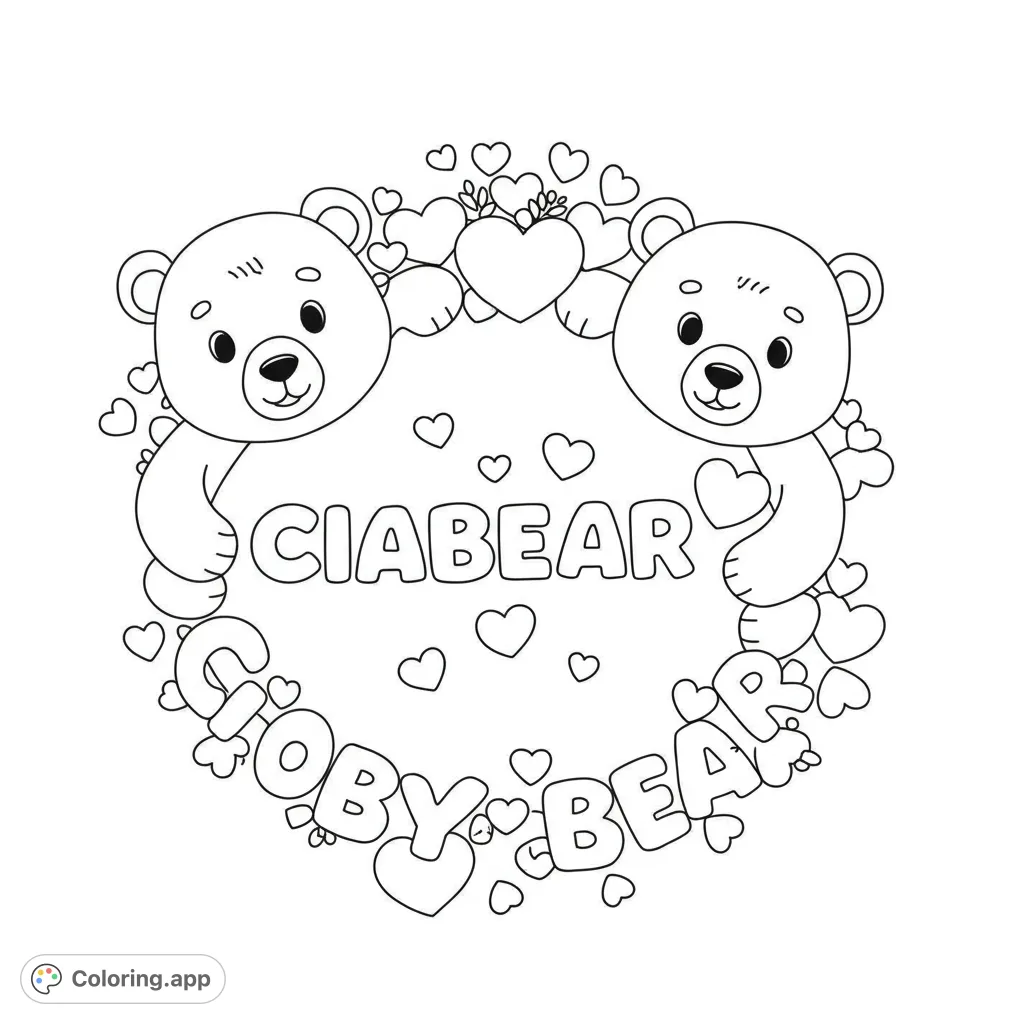 An adorable teddy bear coloring page featuring two cute bears peeking from a heart-filled wreath, perfect for love-themed free printable coloring pages.