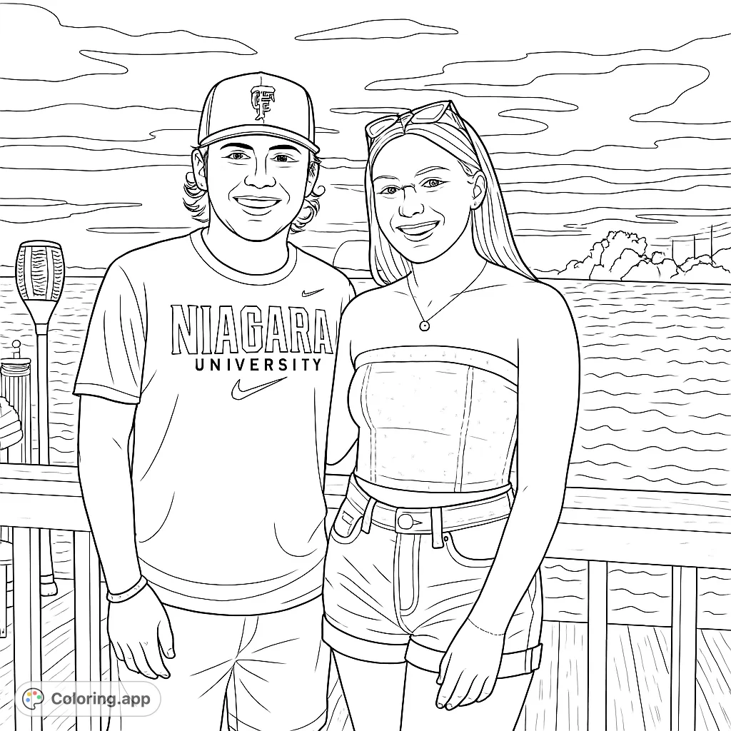 A delightful free printable coloring page featuring a smiling young couple on a pier, perfect for personalizing with vibrant colors. Ideal for all ages.