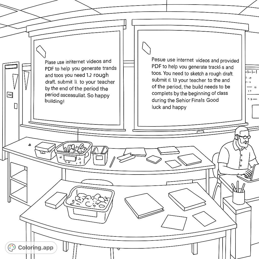 Detailed classroom scene with desks, school supplies, and a student, perfect for an educational coloring page. A free printable coloring page for all ages.