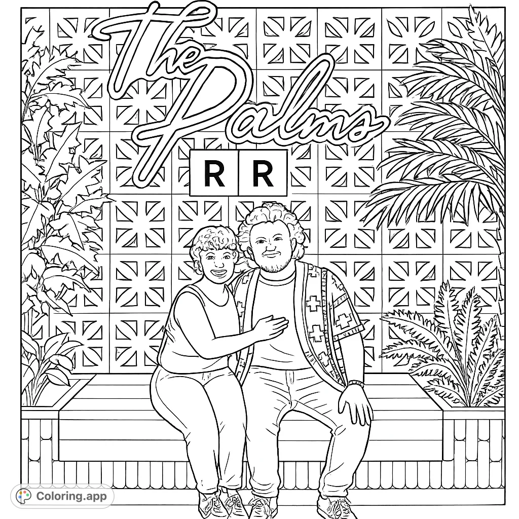 A charming couple smiles, seated before a retro patterned wall with "The Palms" sign and lush tropical plants. A fun, free printable coloring page.