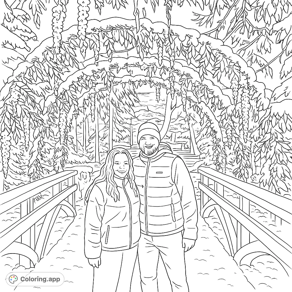 A heartwarming winter couple coloring page under a snowy foliage archway, perfect for a free printable coloring page and cozy moments.