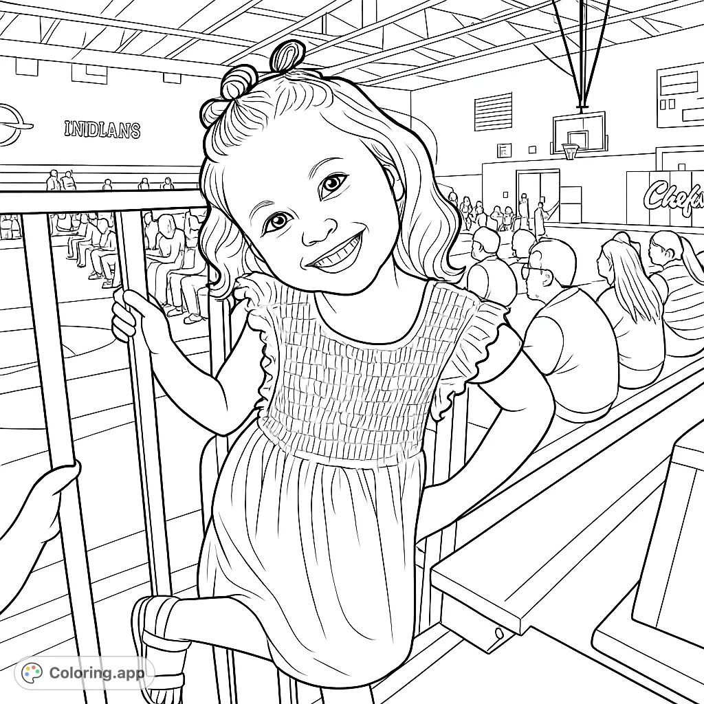 A cheerful young girl smiles brightly from the bleachers in a lively gymnasium, offering a fun and engaging free printable coloring page for all ages.