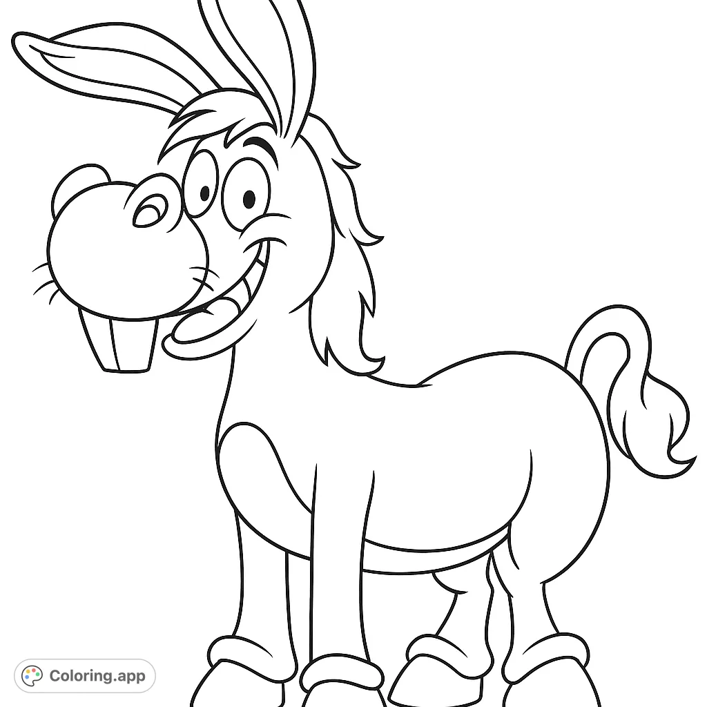 A cheerful cartoon donkey with a big smile and large ears, ready for vibrant colors. A delightful free printable donkey coloring page for all ages.