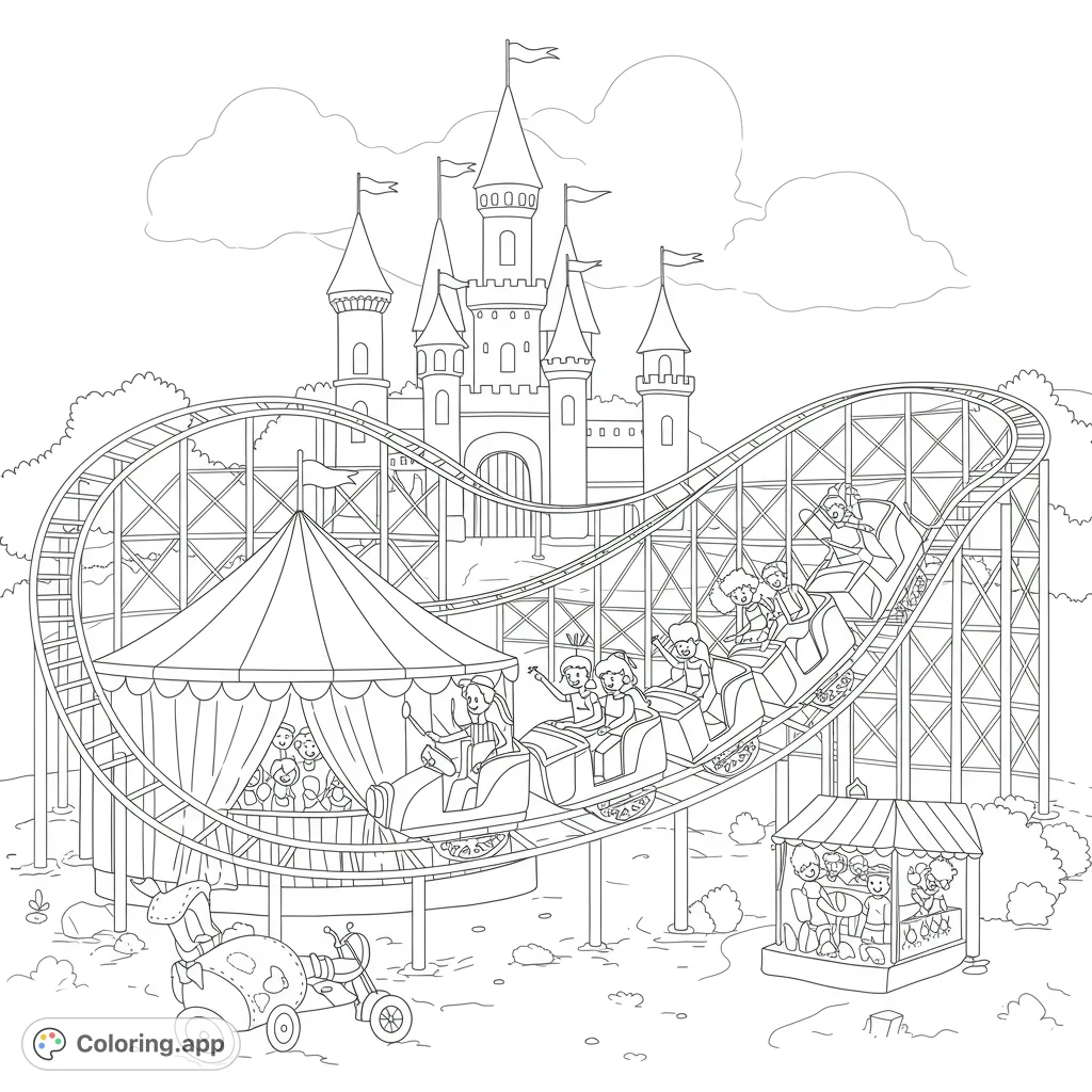 Exciting amusement park coloring page featuring a thrilling roller coaster, a majestic castle, and happy children enjoying rides. Free printable fun!