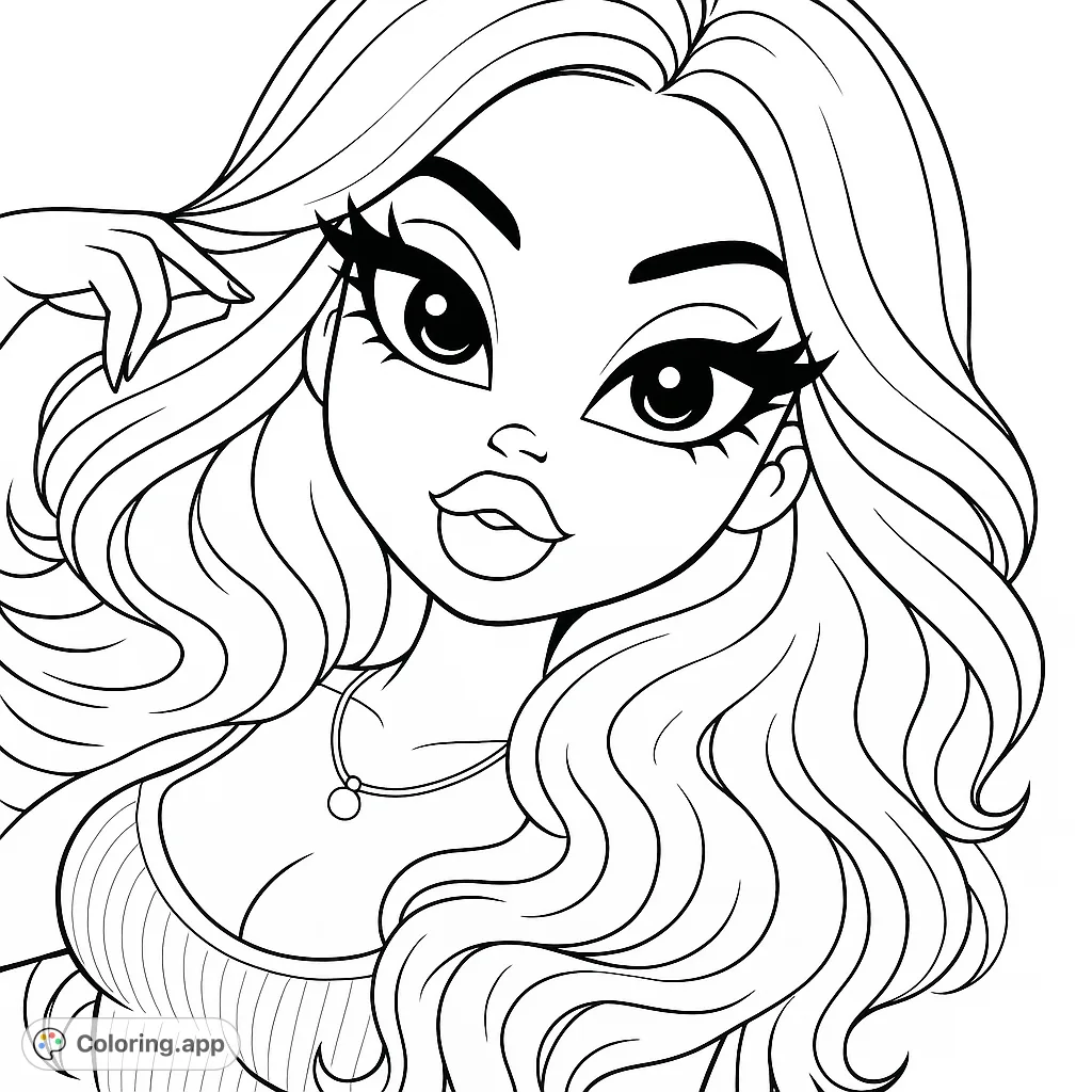 A captivating glamorous girl coloring page with expressive eyes, full lips, and flowing wavy hair. Perfect for fashion and beauty enthusiasts.