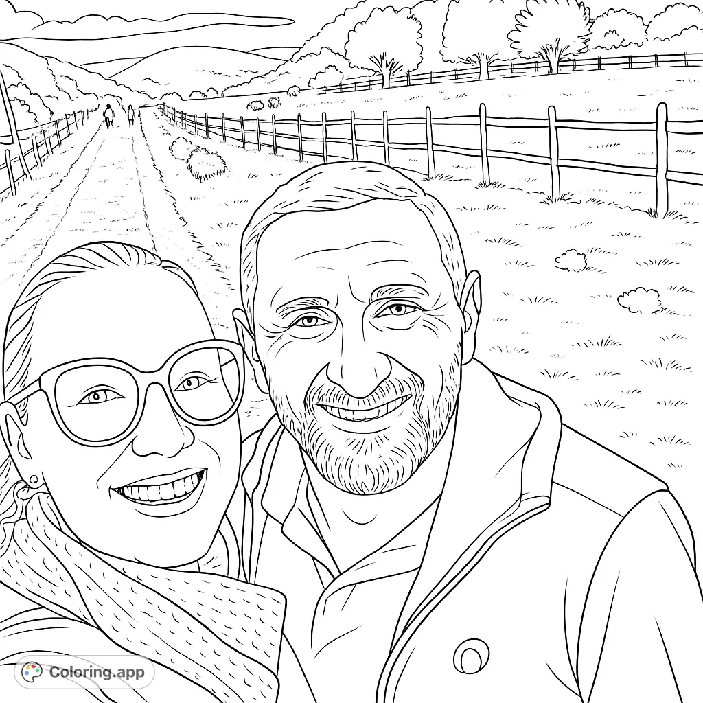 A heartwarming countryside couple coloring page, perfect for capturing a joyful moment outdoors. Features a smiling duo against a scenic rural backdrop.