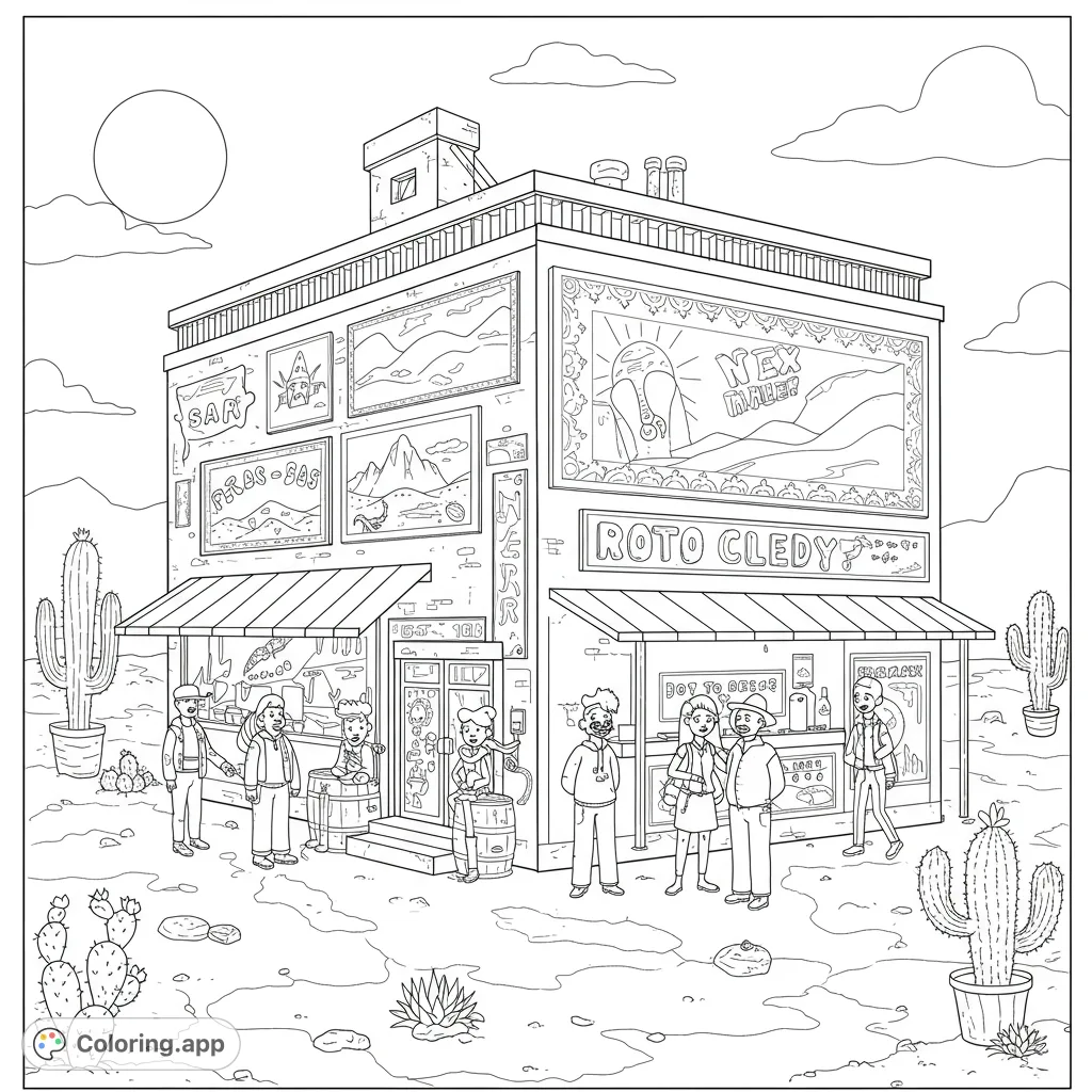 Explore a vibrant desert town scene with a detailed building, diverse characters, and desert flora. A free printable coloring page for all ages.