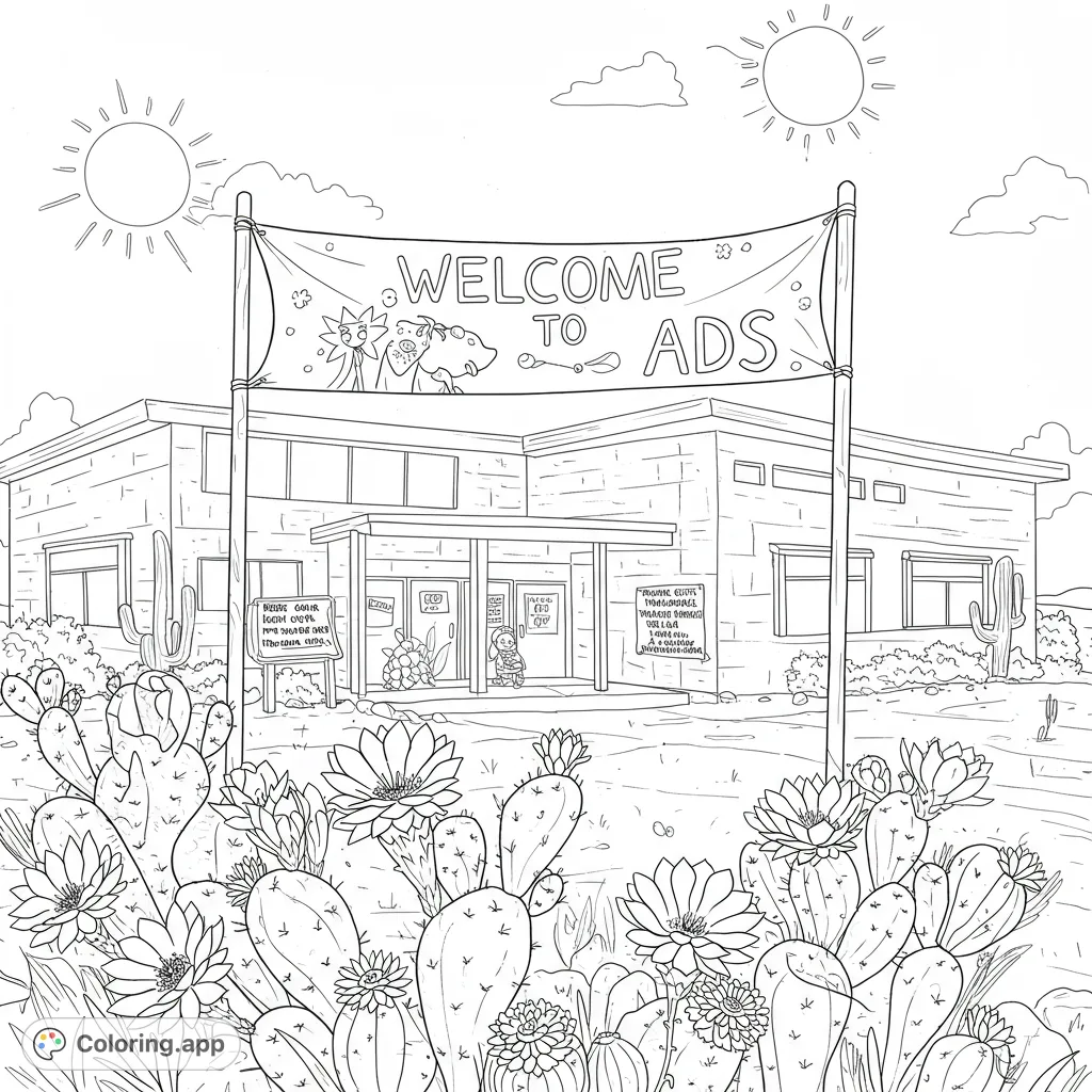 Explore a vibrant Southwestern desert scene with a modern building, blooming cacti, and a welcoming banner. A free printable coloring page.