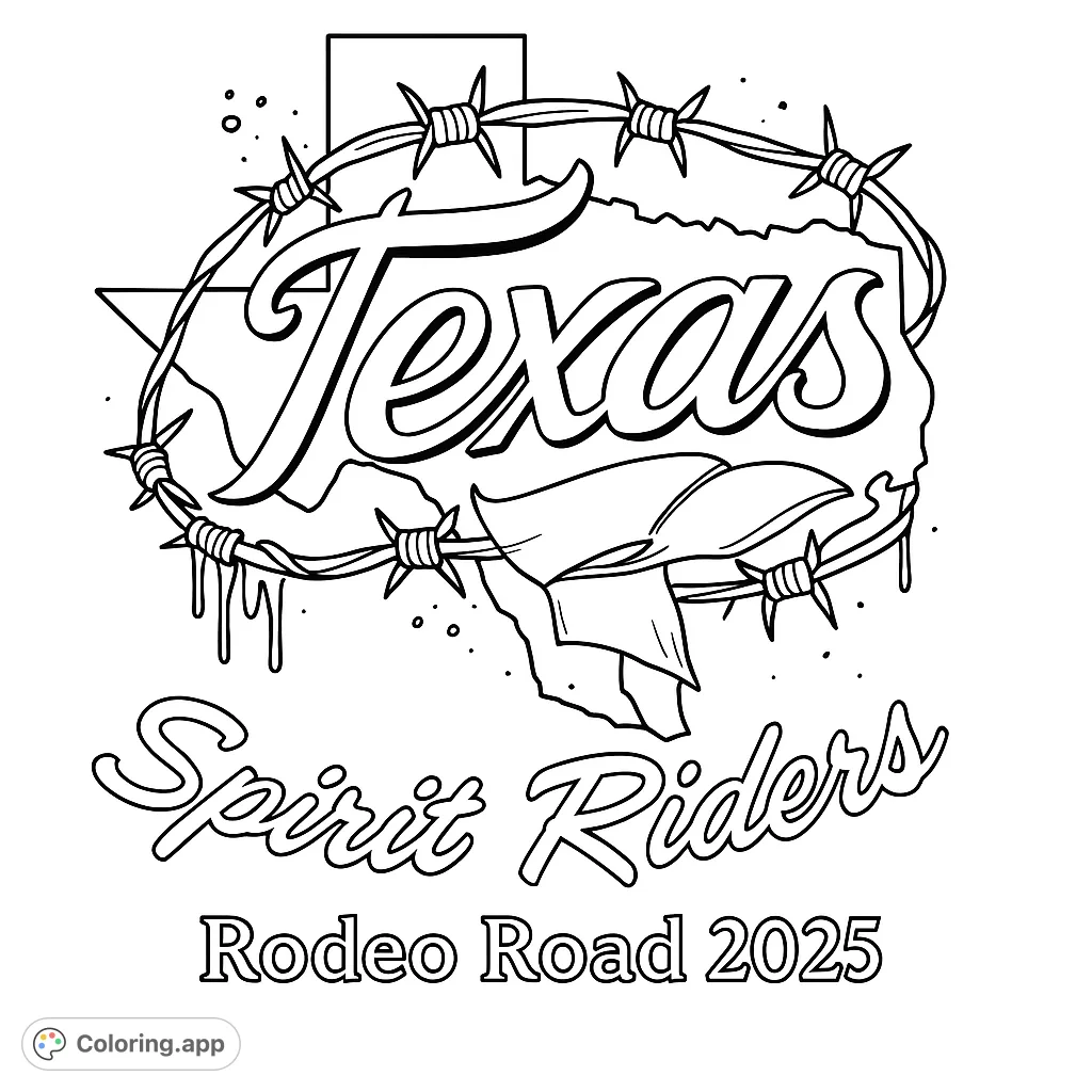 A rugged Texas-themed coloring page featuring the state outline, encircled by barbed wire, with a draped bandana. Perfect for Western enthusiasts!