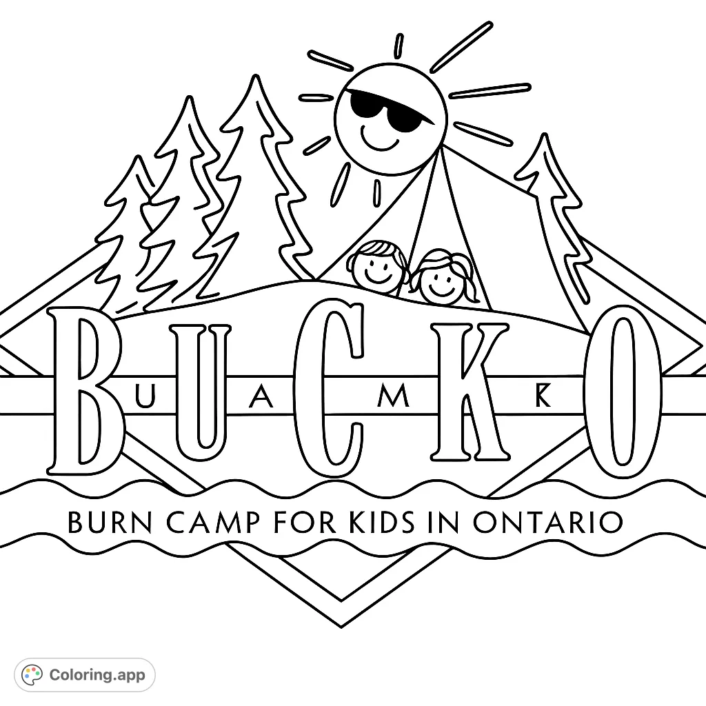 A cheerful camp scene with a smiling sun, happy kids, tent, and pine trees, perfect for a fun outdoor adventure coloring page. Free printable for all ages!