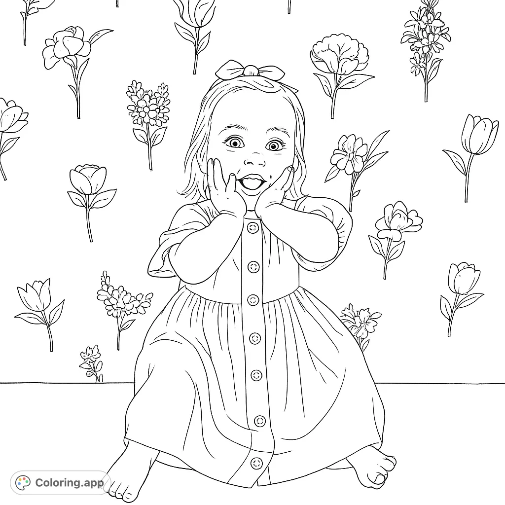 An adorable baby girl with a surprised, joyful expression, surrounded by a delightful array of blooming flowers. A charming free printable baby coloring page.