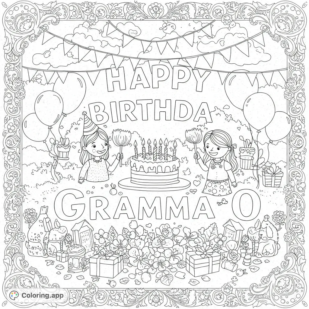 Joyful birthday scene with two girls, cake, balloons, and gifts, framed by a decorative border. Perfect for a festive coloring experience.
