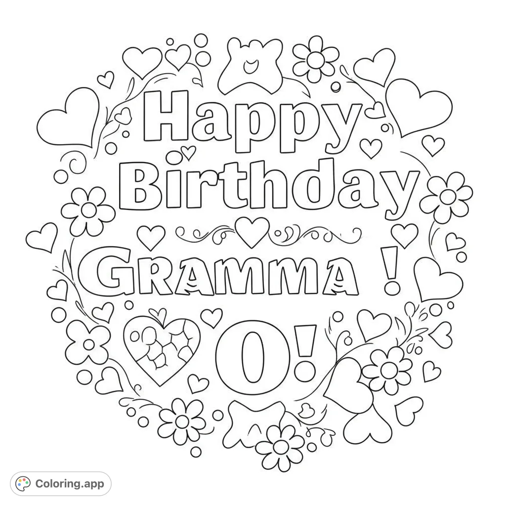 A delightful circular design featuring an array of hearts, flowers, and swirling vines, perfect for a heartfelt coloring activity.