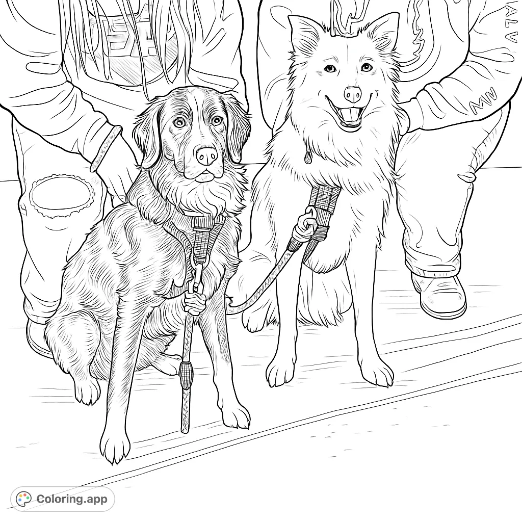 Two happy dogs on leashes with their owners, ready for adventure! A delightful free printable dog coloring page for pet lovers of all ages.