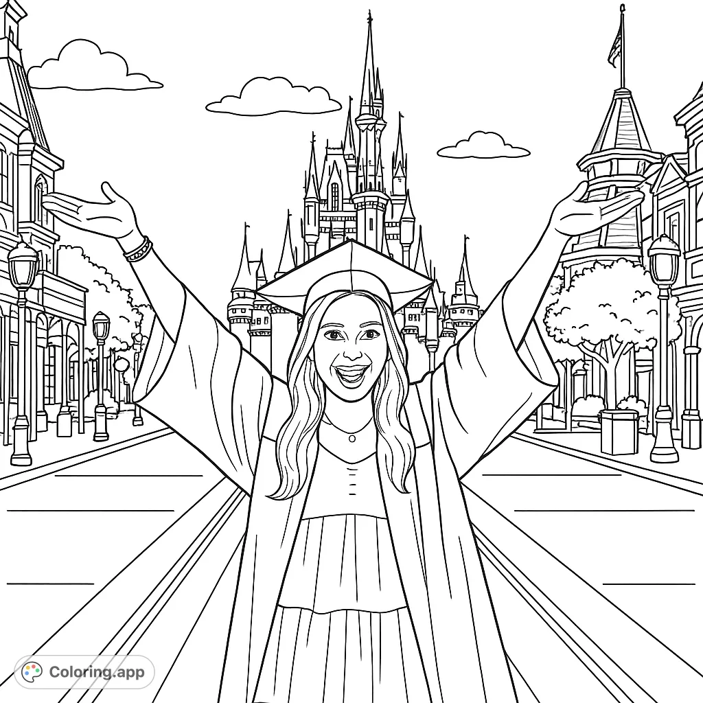 Celebrate achievement with this free printable graduation coloring page featuring a joyful graduate before a majestic fantasy castle and charming street.