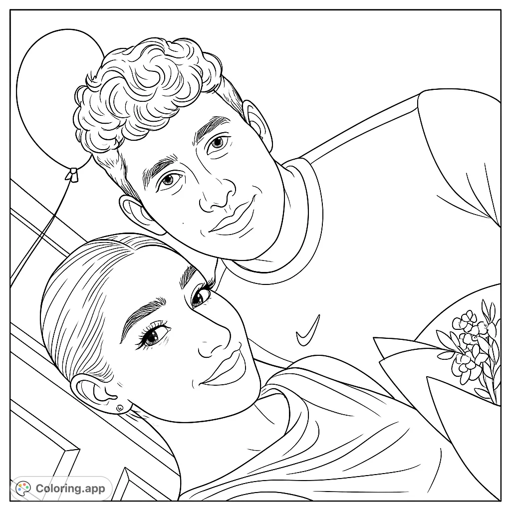 A heartwarming portrait of a happy couple, featuring a smiling woman in the foreground and a man behind her, with a balloon and flowers. Perfect for celebrating love.