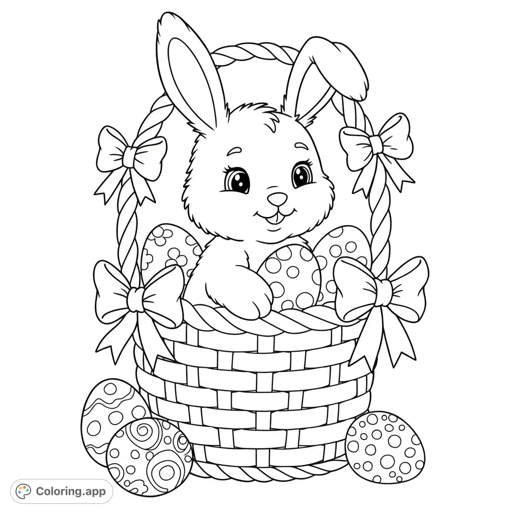 An adorable bunny peeks from a woven Easter basket filled with patterned eggs and bows. A charming free printable Easter coloring page for kids and adults.