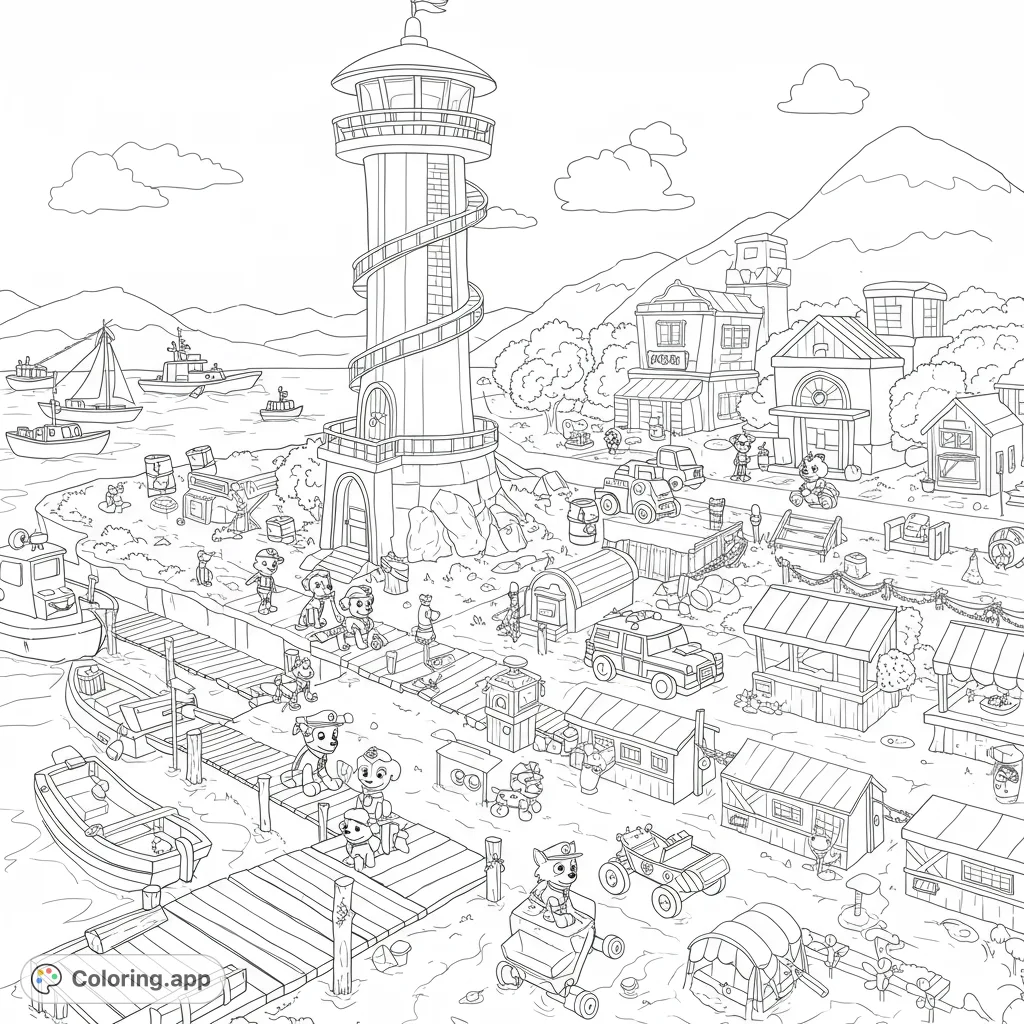 Explore Adventure Bay with its iconic Lookout Tower, bustling harbor, and Paw Patrol vehicles and pups ready for action in this detailed coloring page.