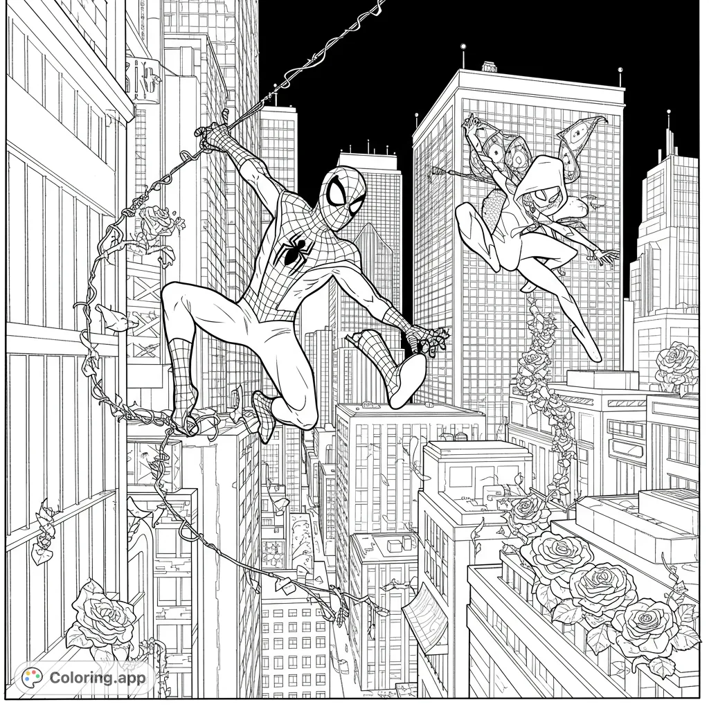 Join Young Spidey, Ghost Spider, Spin, and Trace-E in a thrilling urban night adventure. This dynamic Spidey and His Amazing Friends coloring page captures heroic action across a detailed cityscape.