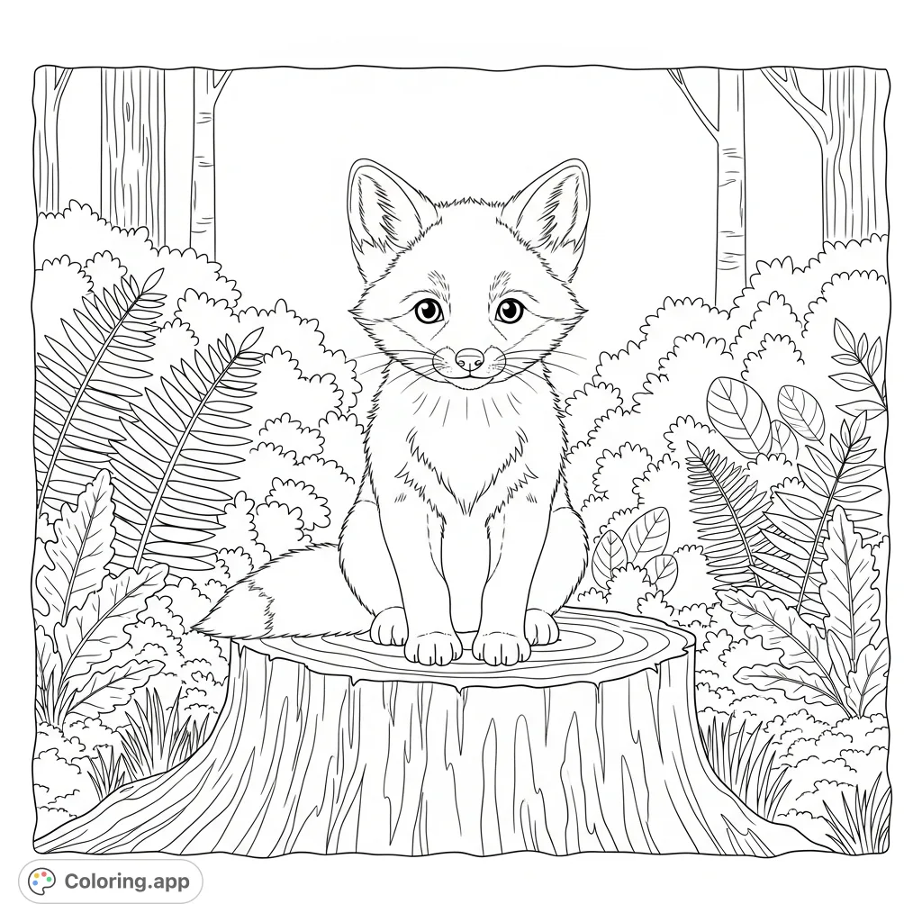 A charming baby fox sits on a weathered stump, gazing forward with innocent eyes, surrounded by a lush forest. A delightful free printable coloring page.