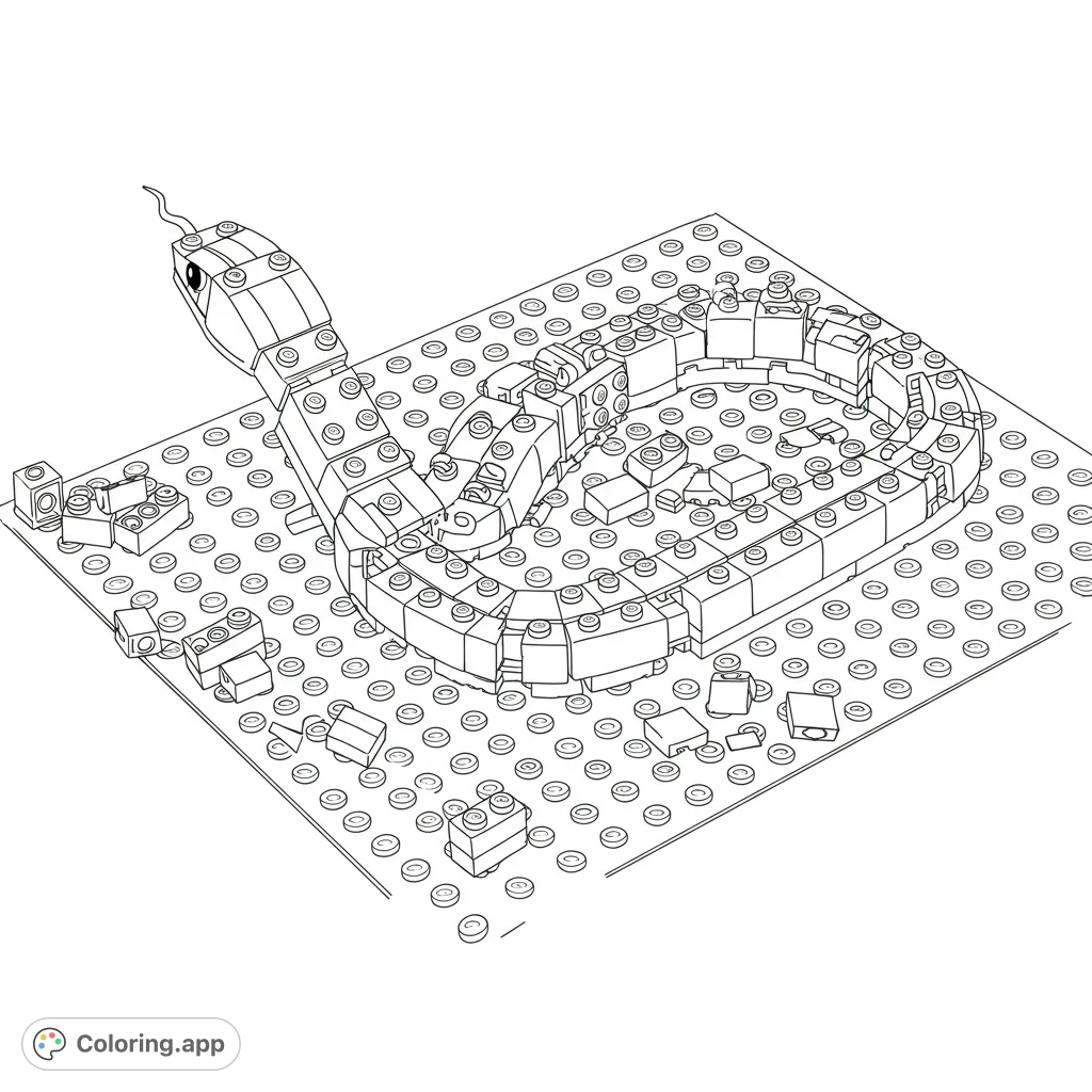 A creative building block snake coiled on a studded baseplate, perfect for a unique block-themed coloring page. Free printable for all ages!