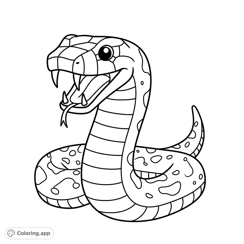 A playful cartoon snake with open mouth, fangs, and a flicking tongue, coiled and ready for vibrant colors. A free printable snake coloring page for all ages.